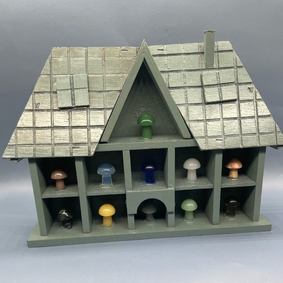 Other - Rustic Blue Green Wooden House with Colorful Mushrooms